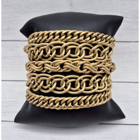 Brushed Gold Tone Multi Mixed Chain Magnetic Clasp 2.5" Wide Statement Bracelet - Picture 1 of 5